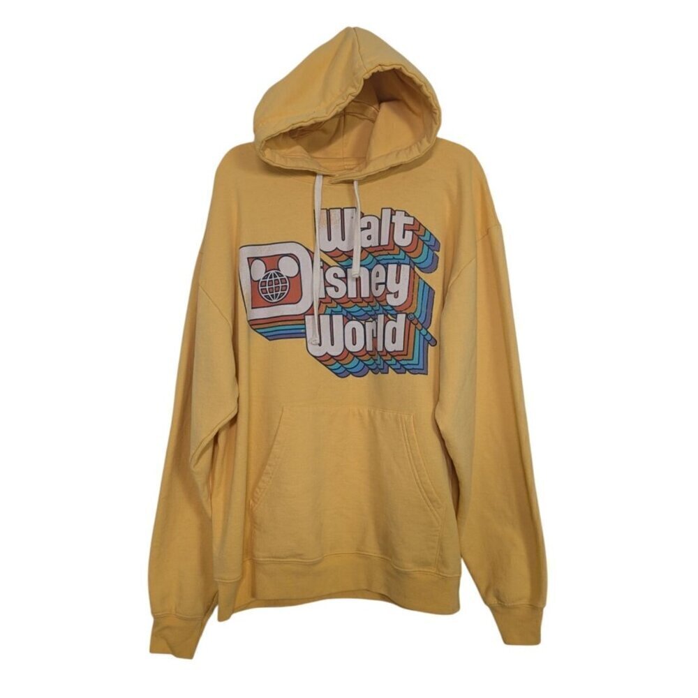 Walt Disney World Retro Graphic Hoodie Womens Size Large Yellow Kangaroo Pocket